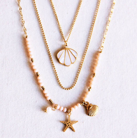 Dreifachkette mit Muscheln - Nude/Gold